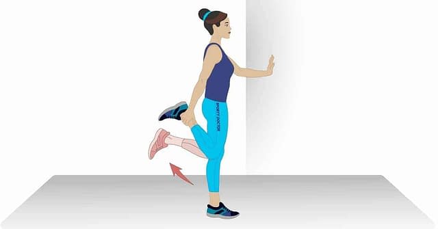 Graphic of a woman doing standing quad stretch